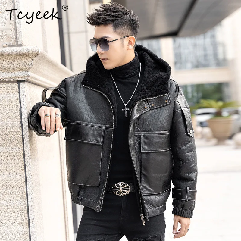 Tcyeek-Veste en cuir véritable pour homme, veste à capuche, peau de mouton naturelle, fourrure, vêtements d'hiver, 2025