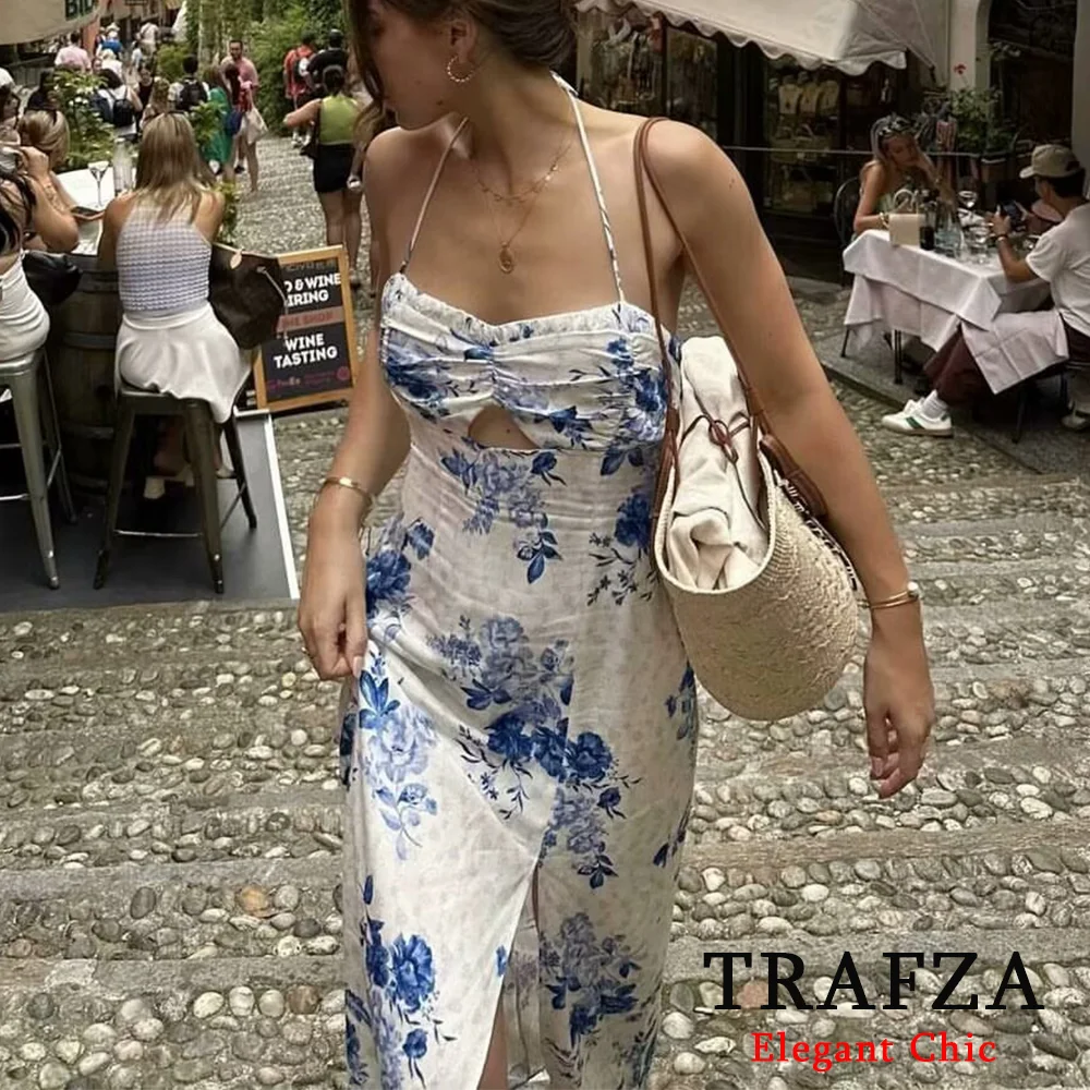 

TRAFZA Vintage Floral White Blue Print Lingerie Dress Women's Spaghetti Strap Dress New 2024 Summer Fashion Holiday Date Dress