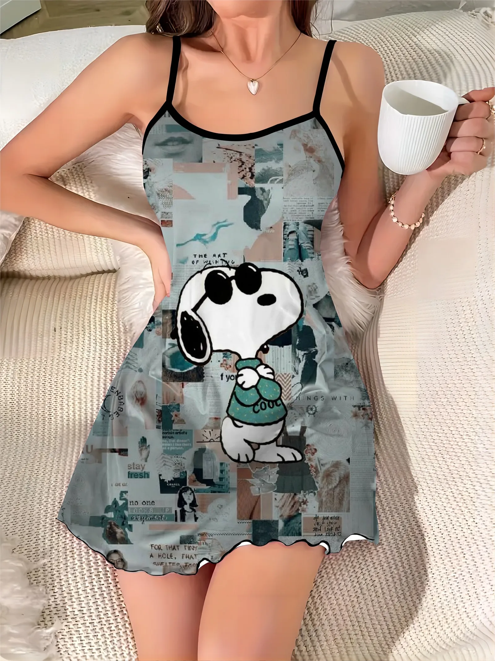 Girocollo abito da casa Snoopy superficie in raso abiti eleganti per le donne gonna pigiama lattuga Trim moda estate 2024 Chic Mini Sexy