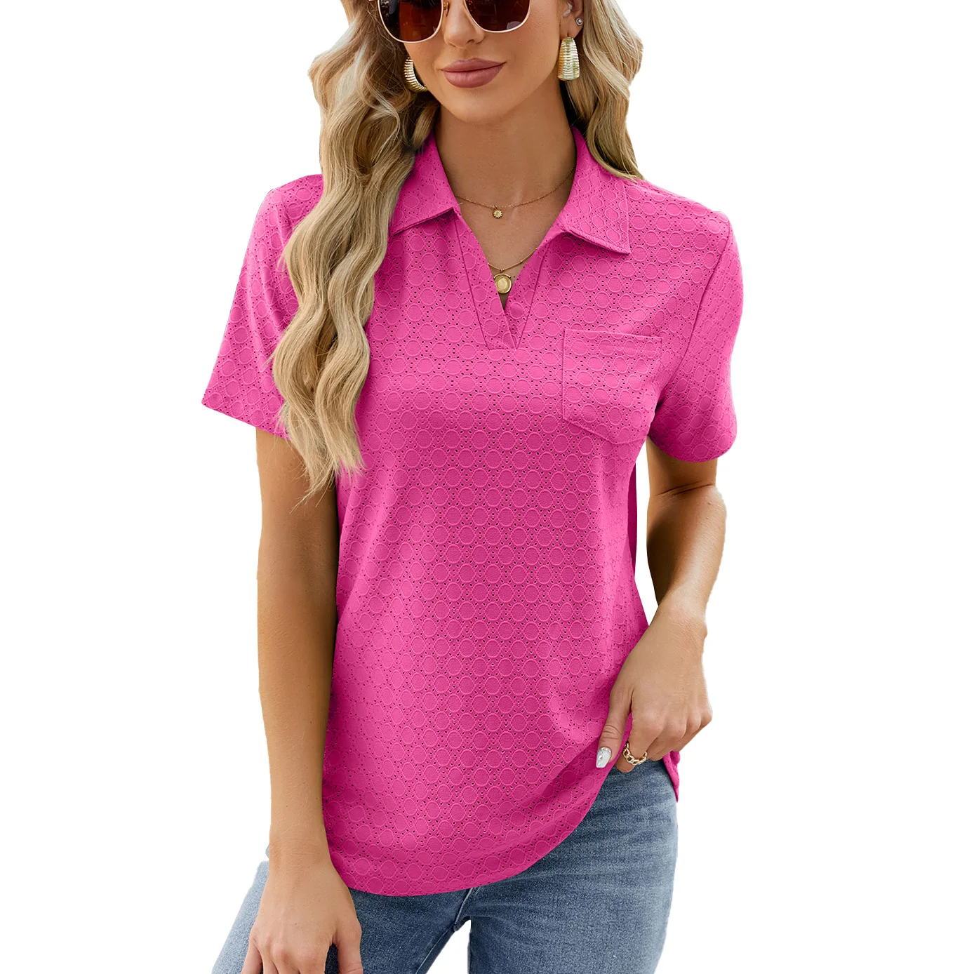 T-shirt women's loose top women's 2024 spring and summer new solid color polo collar pocket short sleeve t-shirt