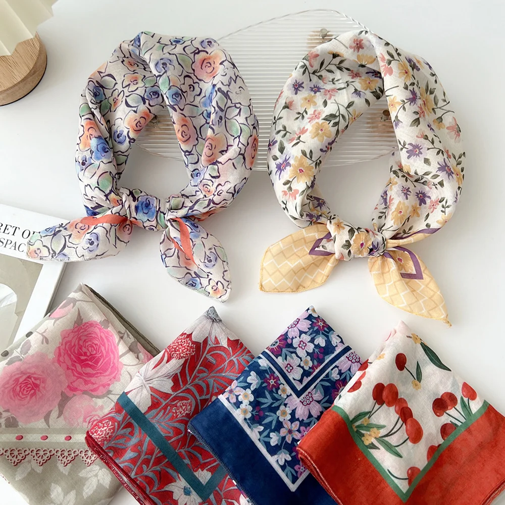 55x55cm Linen Cotton Square Scarf Thin Women Small Shawls Flower Floral Head Neck Scarves Headband Neckerchief Headband 1PCS