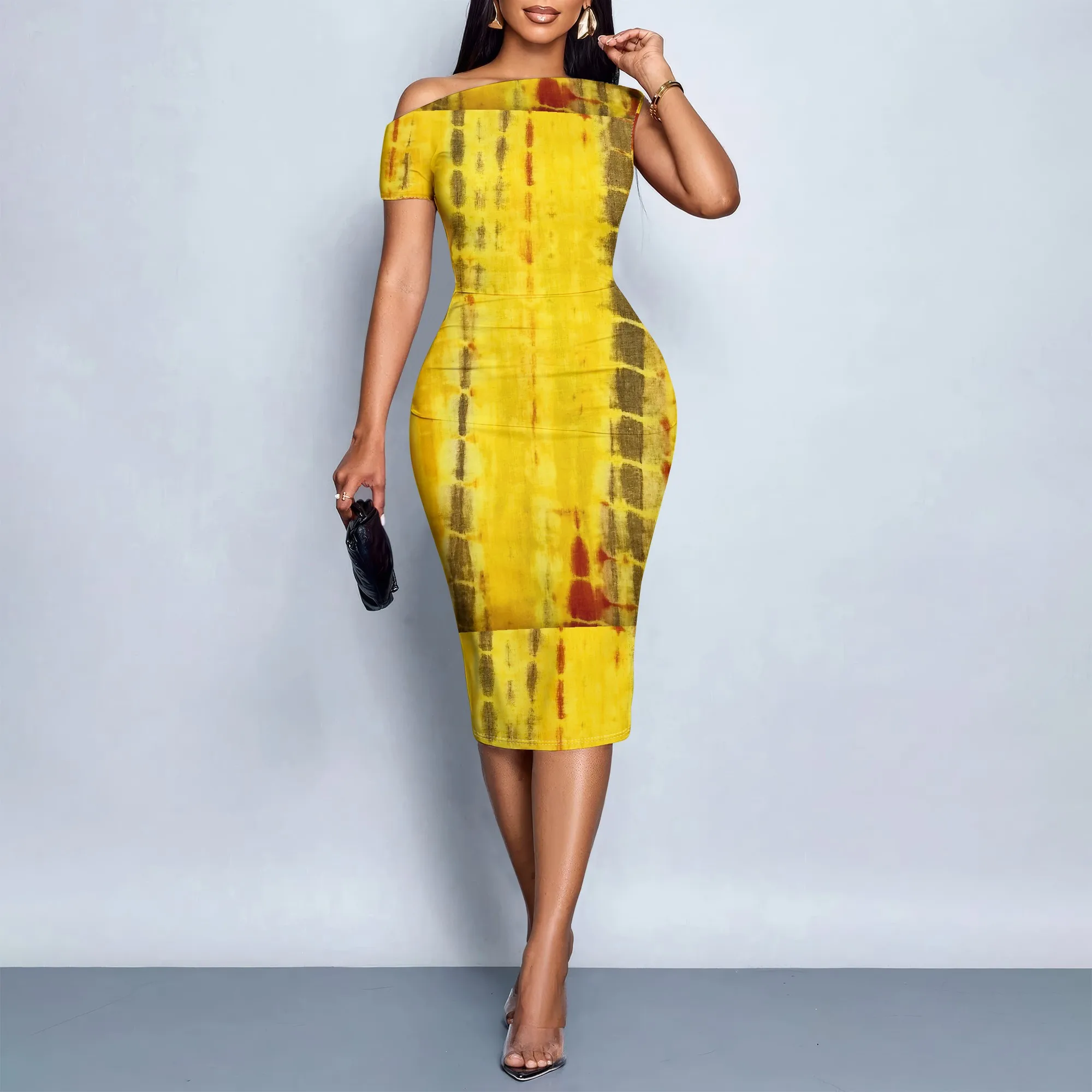 

Yellow Print, Off Shoulder Dress, Tie Dye Top, Bodycon Skirt, Party Clubwear, Date Night, S-2XL