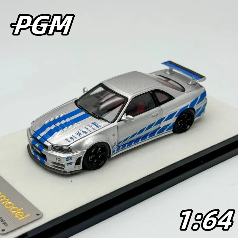 1:64 Nissan R34 Skyline Z-Tune Silver Blue stripe,alloy die-cast static miniature car chic Play,adult collection display pieces.