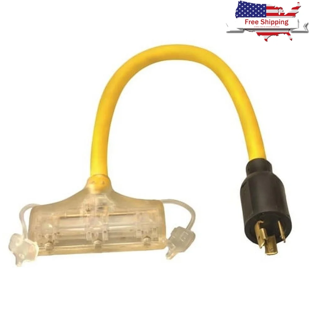 

12/3 2' L5-20P Generator Power Cord Adapter with Lighted End Durable Molded Plugs Outdoor Power Use 3 Way Adapter