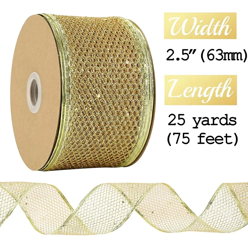 White and Gold Ribbon for Christmas Tree Decoration, 2.5 Inch, 6 Rolls, 36 Yards