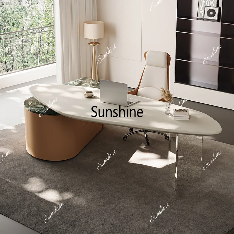 

Modern light luxury high-end special-shaped commercial office lady boss table with side cabinet