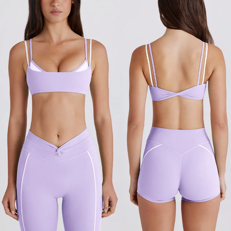 

Women's Contrasting White Strips Sports Bra And Yoga Pants Set Kink Neck Design Fake Two-Piece Running Trousers And Shorts Combo