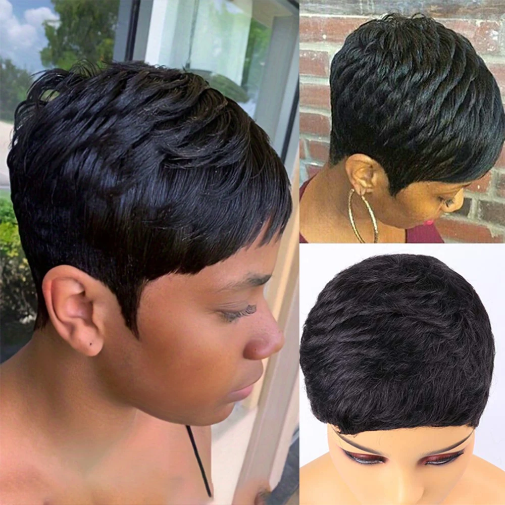 

Короткие парики из натуральных волос, 150% плотность, стрижка пикси, натуральный черный цвет, с челкой, парик из волос Реми для женщин, полностью машинной работы.