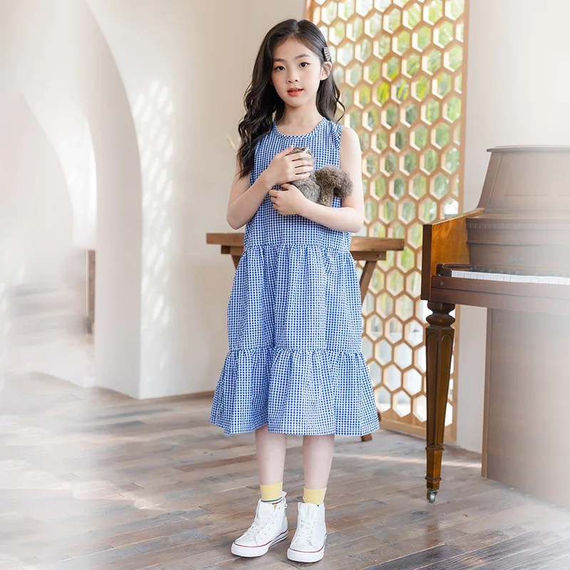 

2024 Korean Summer School Girl Sleeveless Dress Teenager Girl Plaid Cake Dress Junior Girl Comfortable Breathable Vest Dress