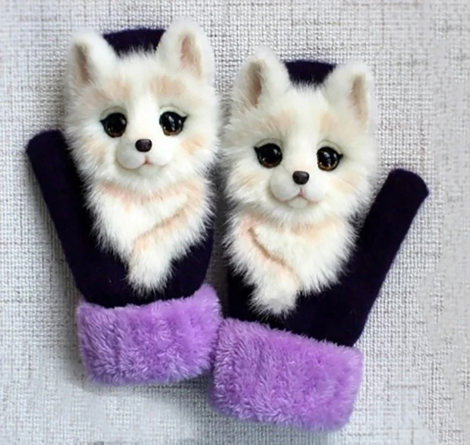 Funny Cute Cat Cartoon Winter Warm Children\'s Gloves Plus Velvet Thickened Girls Adults Gloves Christmas Gifts Kids Knit Mittens