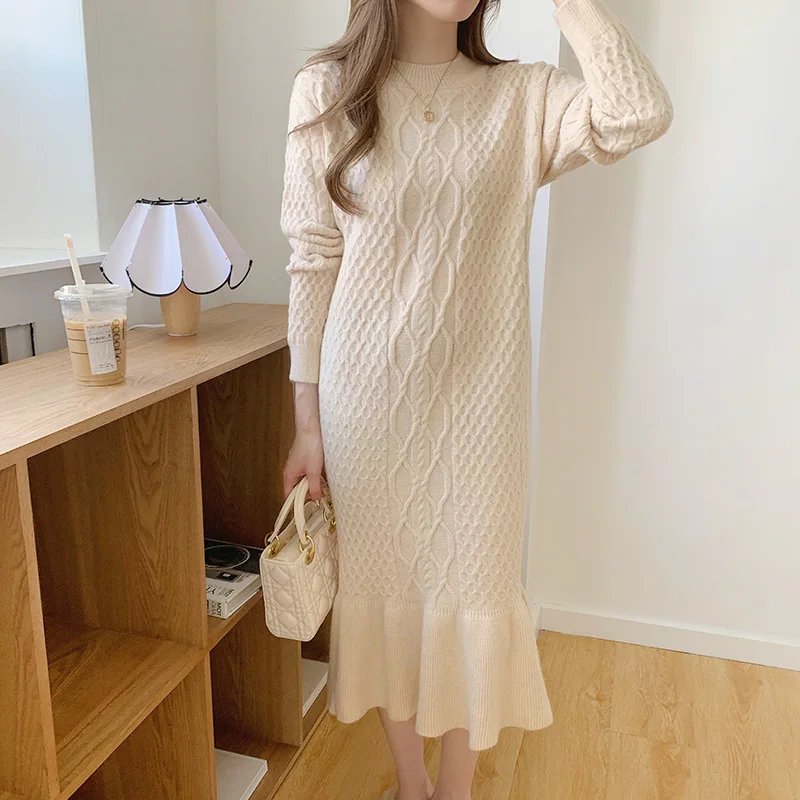 

Women Dress Full Sleeve Knit Splice Long Dresses Trumpet Thick Solid Elegant Straight Round Neck Vestidos Elegant Lady Winter