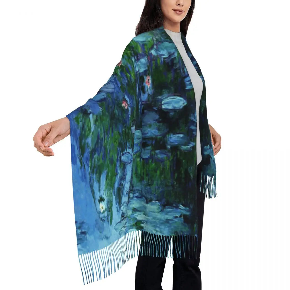 

Claude Monet Water Lilies Nympheas Глубокий цветной шарф Шарфы с кисточками Женские мягкие теплые шали и накидки Большая осенне-зимняя шаль