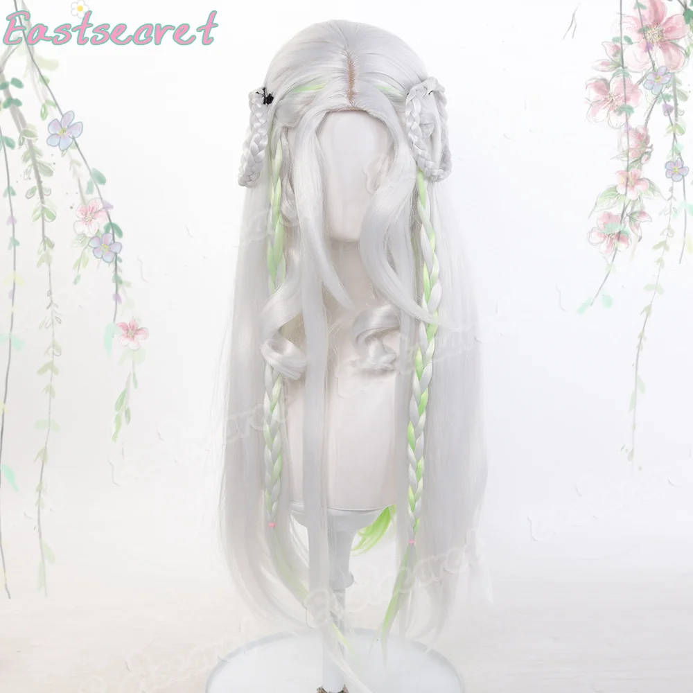 EAST Silver White Ombre Cyan Highlights Synthetic Long Straight Wigs Middle Part Anime Game Cosplay Braided Clip Wig for Party