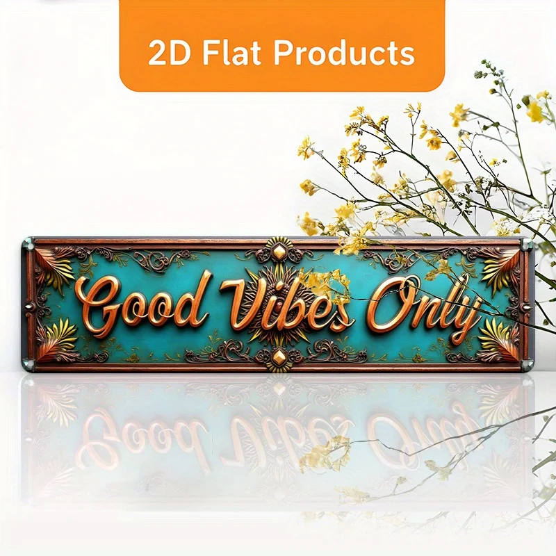 2D Flat, 'Good Vibes Only' Vintage Aluminum Wall Sign - 2D Flat Metal Decor with Floral Design, Easy to Install, Perfect for Hom