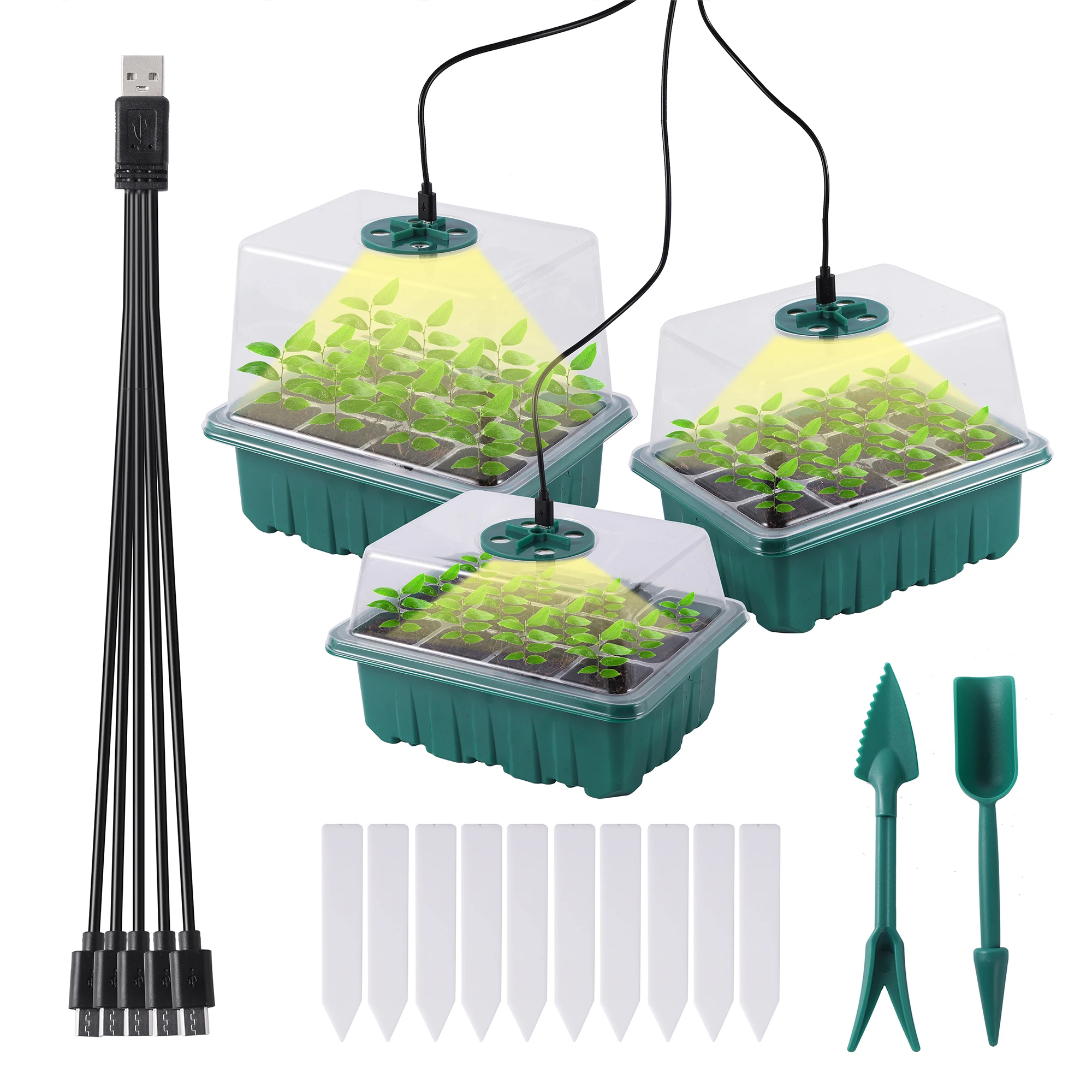 12Cells Seed Starter Tray With LED Grow Light Nursery Box Kit Mini-Shovel USB Wire Seedling Home Greenhouse Gaeden Growing Lamp