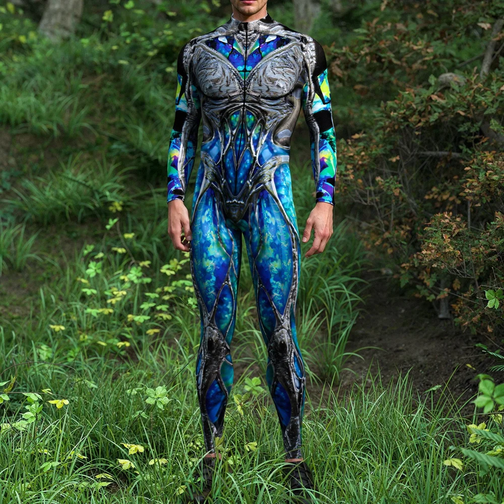 Men Cyber Punk 3D Digital Print Skeleton Cosplay Bodysuit Party Role Play Outfit Zentai Suit Costume Carnival Jumpsuit