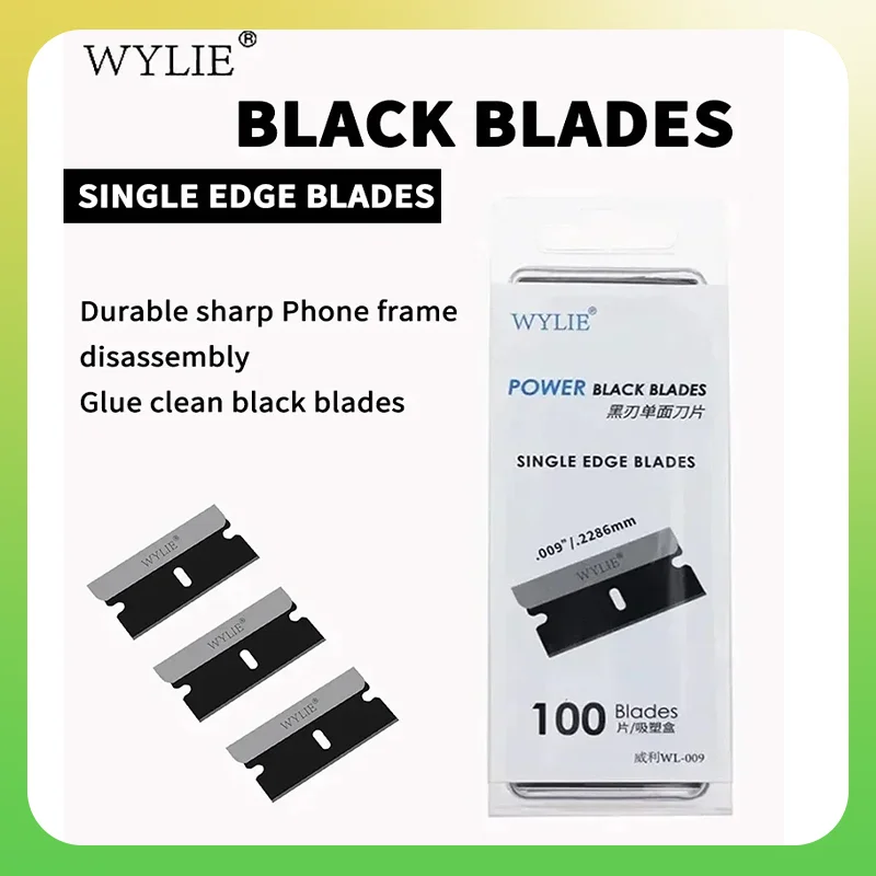 WYLIE WL-009 100Pcs Black Single Edge Blade Durable Sharp Razor for Phone Middle Frame Cover Rear Glass Scraping Pry Repair Tool