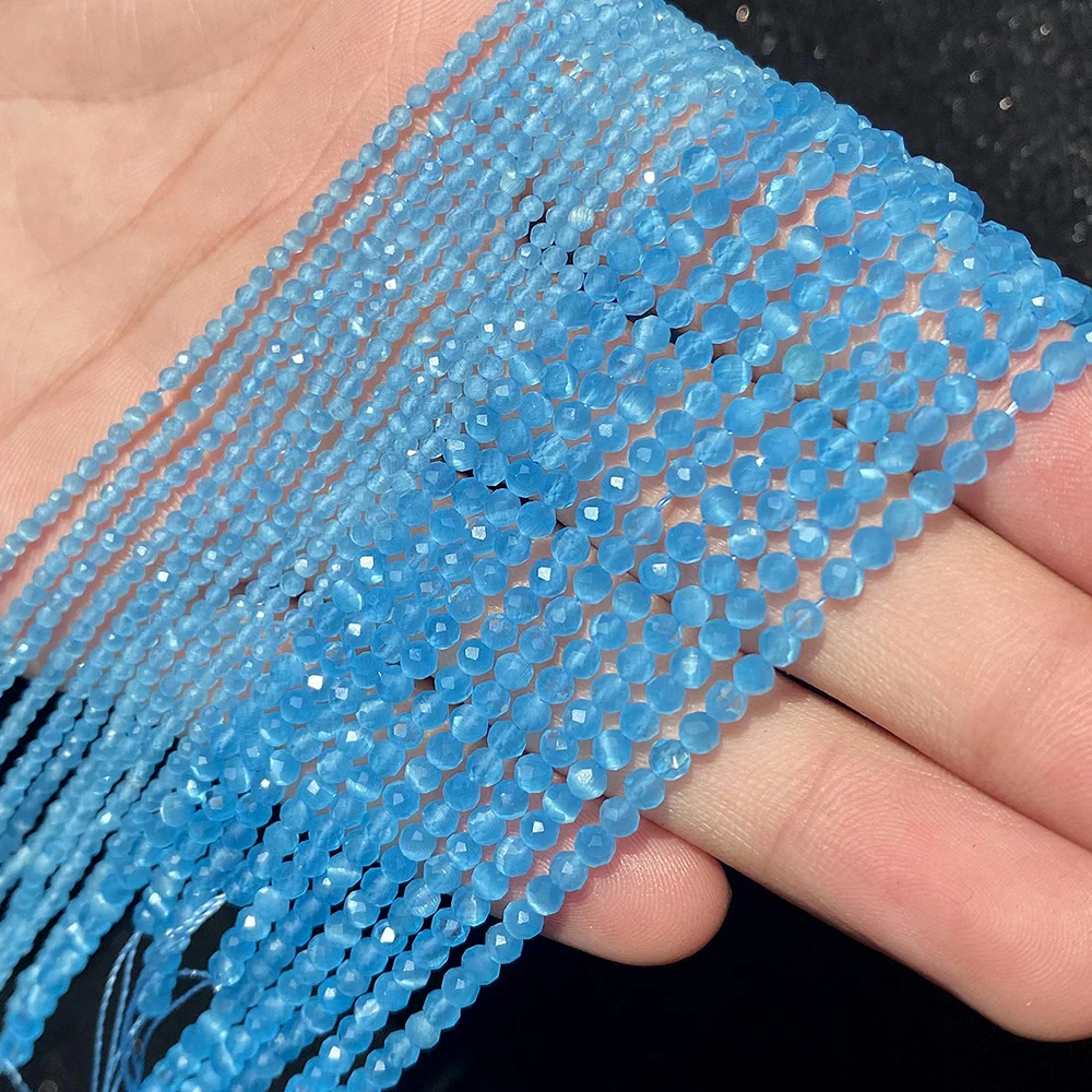 Natürlicher blauer Saphir, rund, facettiert, lose Spacer, winzige Perlen, DIY-Armband, Ohrring, Charms für die Schmuckherstellung, 38,1 cm, 2/3/4 mm