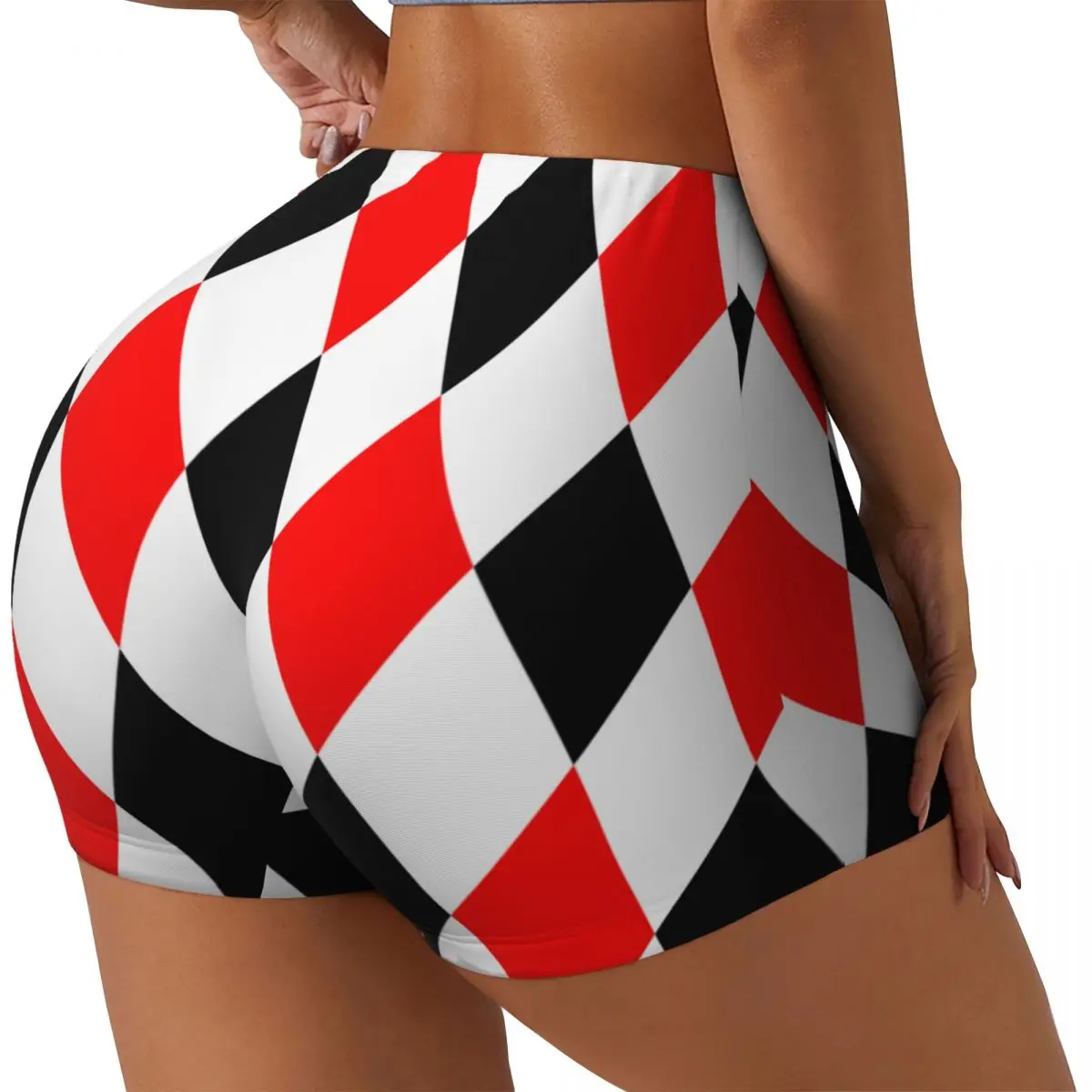 

Yoga Shorts Red Black And White Rhombuses Pattern Women Biker Tight Elastic Workout Sports Leggings Sportswear