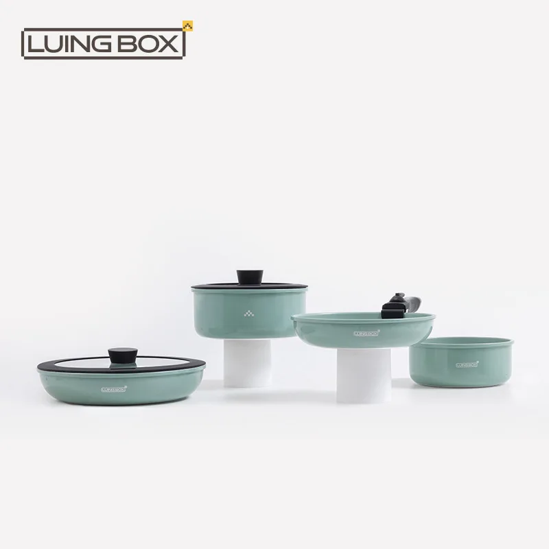 

LUINGBOX Lightweight Aluminum Camping Cookware Set Portable Outdoor Pot Pan Kettle 4 Piece for Hiking Backpacking Picnic