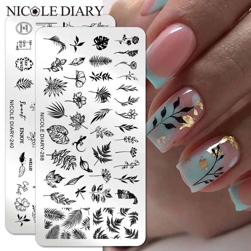 DIÁRIO NICOLE-Nail Stamping Plates, Flower Leaves, Floral, Borboleta, Line Printing, Stencil, Nail Stamp, Modelos, Nail Art Tools Pedidos a partir