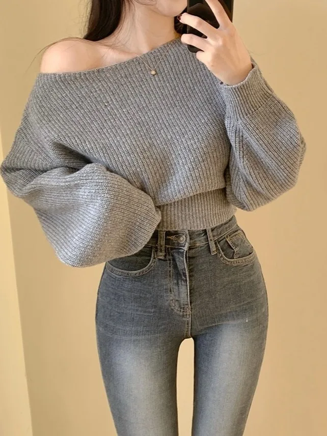 

oulder Bared ort Knitted Sweater Women's Sle Pure Desire Trend Autumn New Design Knitwear Casual Faion One Word Collar
