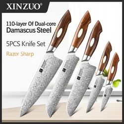 XINZUO 5PCS Kitchen Knives Tools Sets 110 Layers Damascus Steel Chef Santoku Bread Utility Paring Knife Ergonomic Handle Design