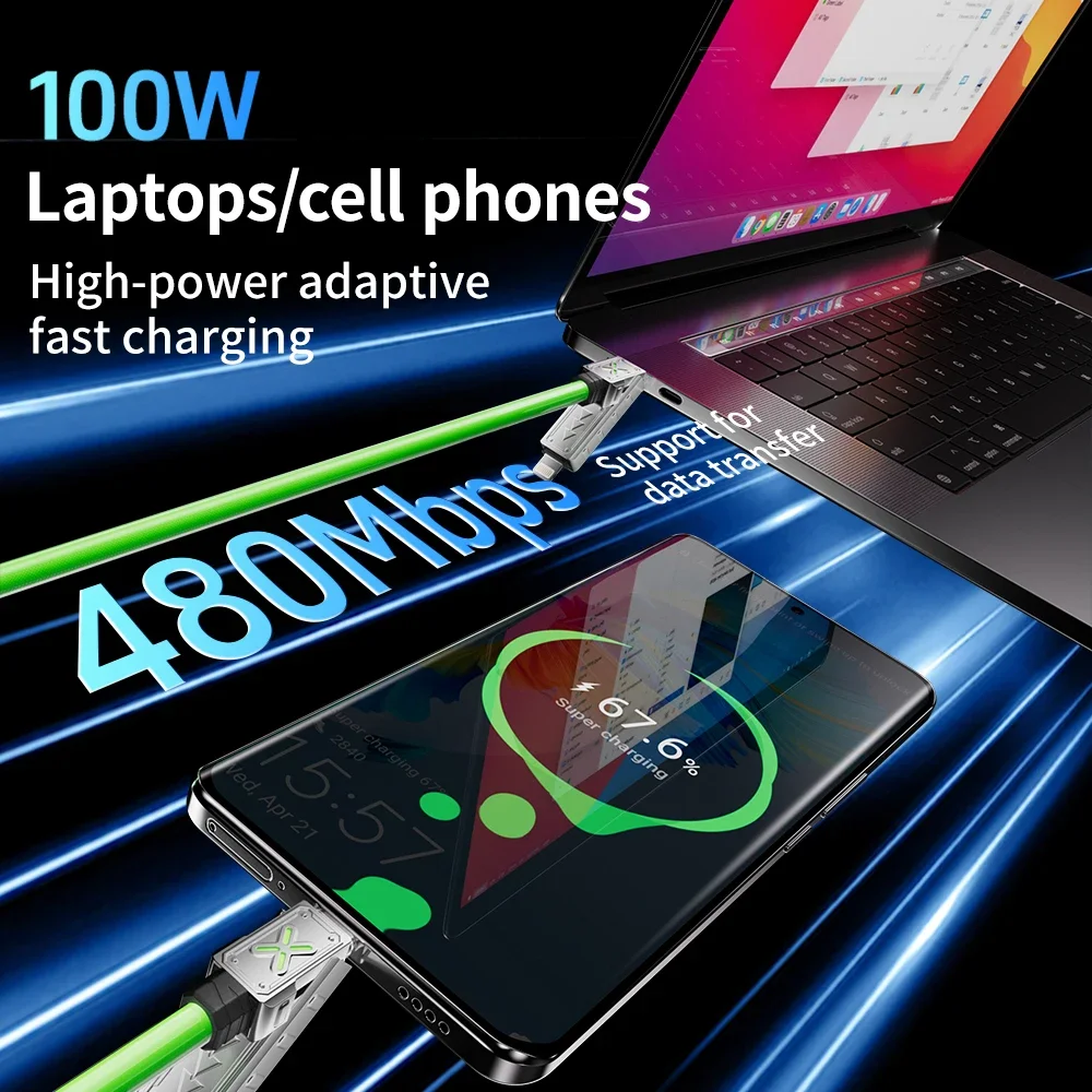 2 قطعة 240 واط 4 في 1 كابل بيانات شحن سريع للغاية USB-C إلى Type-C كابل سبائك الزنك آيفون سامسونج هواوي شاومي متعدد المنافذ #5