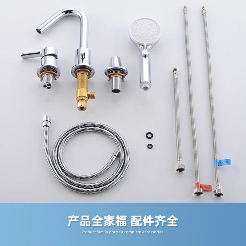 3 Hole Round Shape Big Flow Rate Deck Mount Bathtub Faucet Set With Pull Out Shower Head In Chrome And Matte Black view 3
