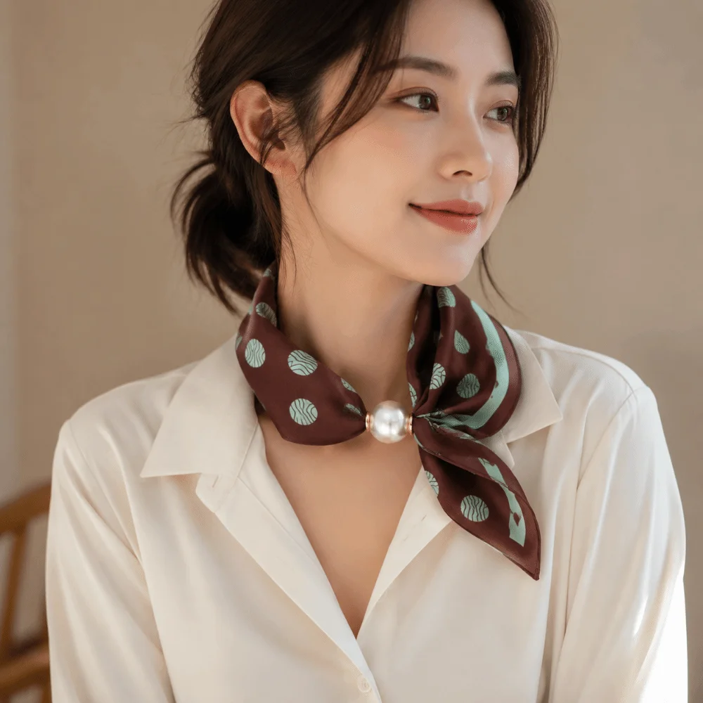 Elegant Breathable Silk Scarf Printed Thin Neck Scarf Lightweight Pearl Buckle Magnetic Clasp Scarf for Professional Accessories