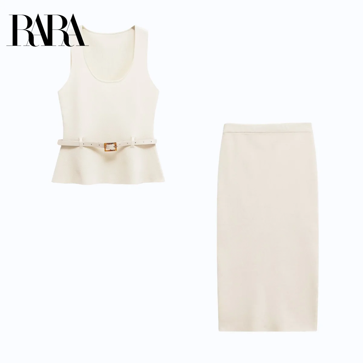 

RARA Women's Summer Belt Decorated Elegant Crew Neck Sleeveless Knit Cami Top and Simple Mid Length Straight Knit Skirt