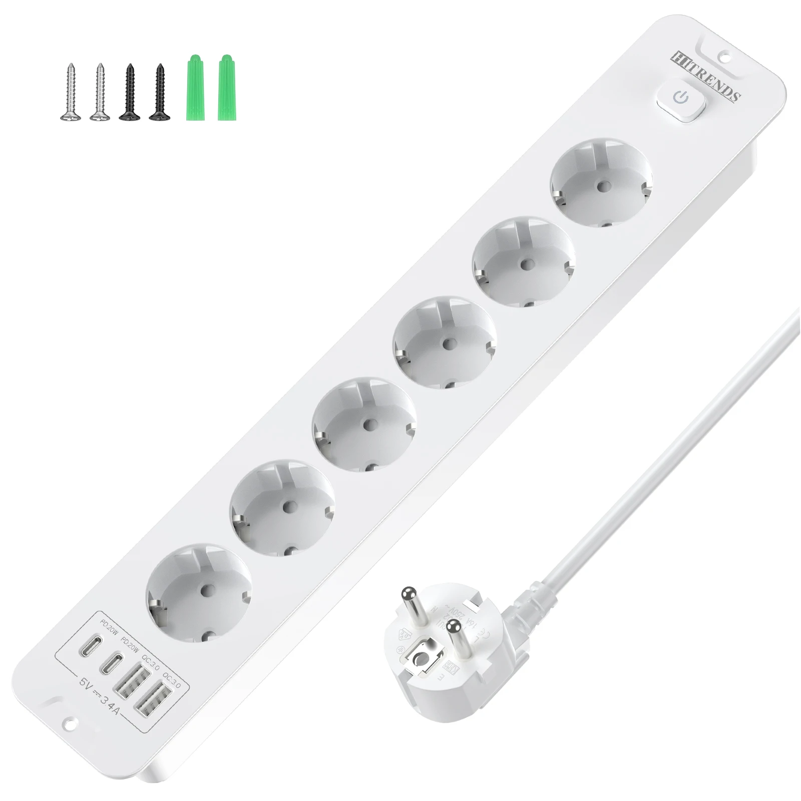 EU-stekker desktop ingebouwde stekkerdoos met 4/6 AC-stopcontacten 2 USB 2 Type-C, hoofdbedieningsschakelaar 2 m verlengkabel