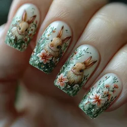 24pcs 3D Cute Rabbit Press on Nails Easter Rabbit Fake Nail Tips for Girl Full Cover Wearable Spring Flowers Pattern False Nails