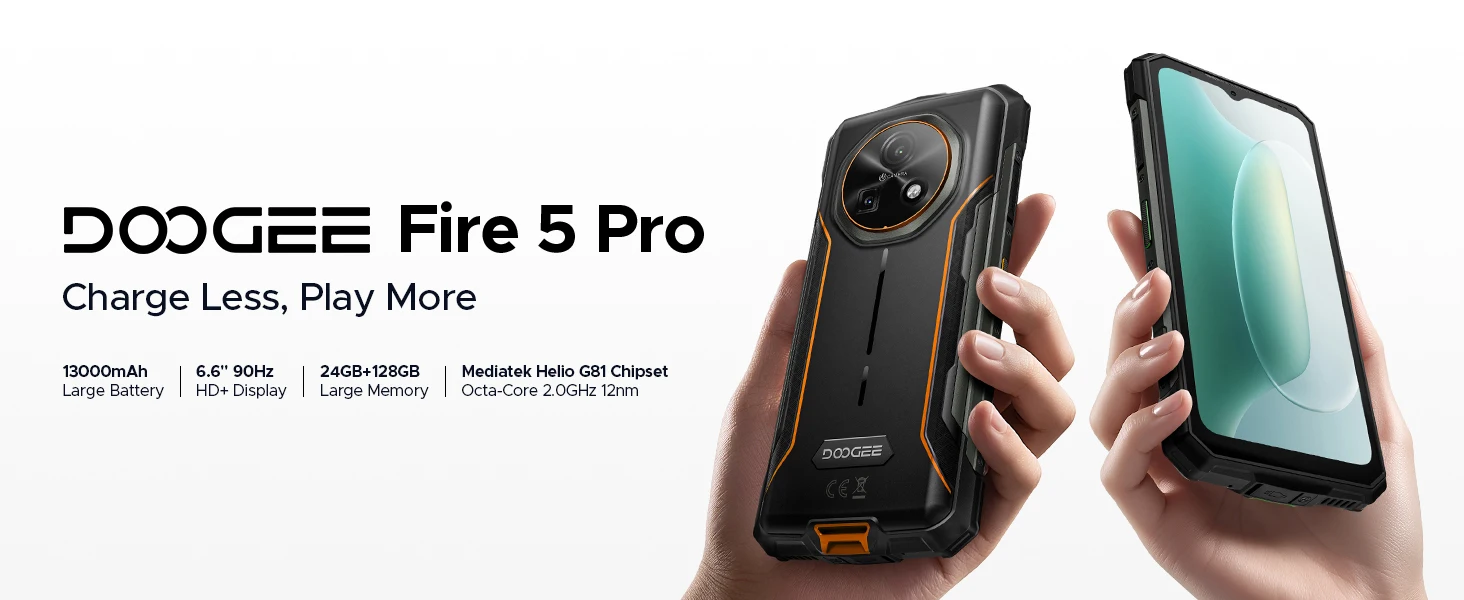 Doogee Fire 5 Pro Rugged Smartphone 13000Mah Battery 24Gb Ram(4Gb+20Gb) 128Gb Rom 6.6'' Display Helio G81 Android 16 Smartphone