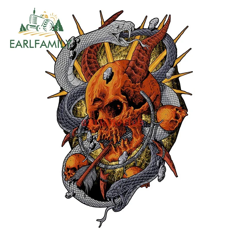 EARLFAMILY 13cm x 8.8cm Satan Hell Demon Skull Car Sticker Petrified Snake Decal Off Road 4x4 Window Trunk Stickers Car Wrap