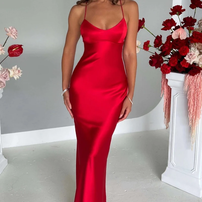 2025, neue Damen-Slim-Fit-Party-Trägerkleid mit U-Ausschnitt, modisch, sexy Rücken, Schnürung, Maxi-Abendkleider, Y2k, rückenfreie Satin-Kleider