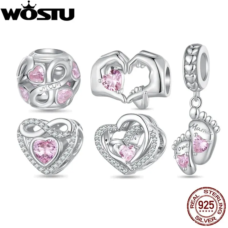 WOSTU Mother's Day Gift 925 Sterling Silver Love Heart Charms Bead Baby foot Print Pendants Fit Neckalce Bracelet DIY Jewelry