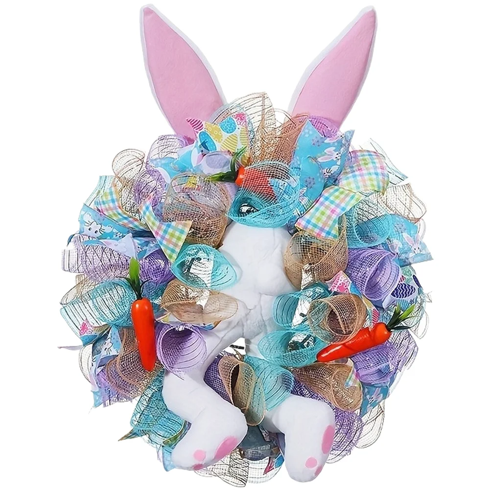 Easter Themed Bunny Door Wreath with Handmade Ribbon and Decorative Rabbit Bottom Design Colorful Hanging Decor