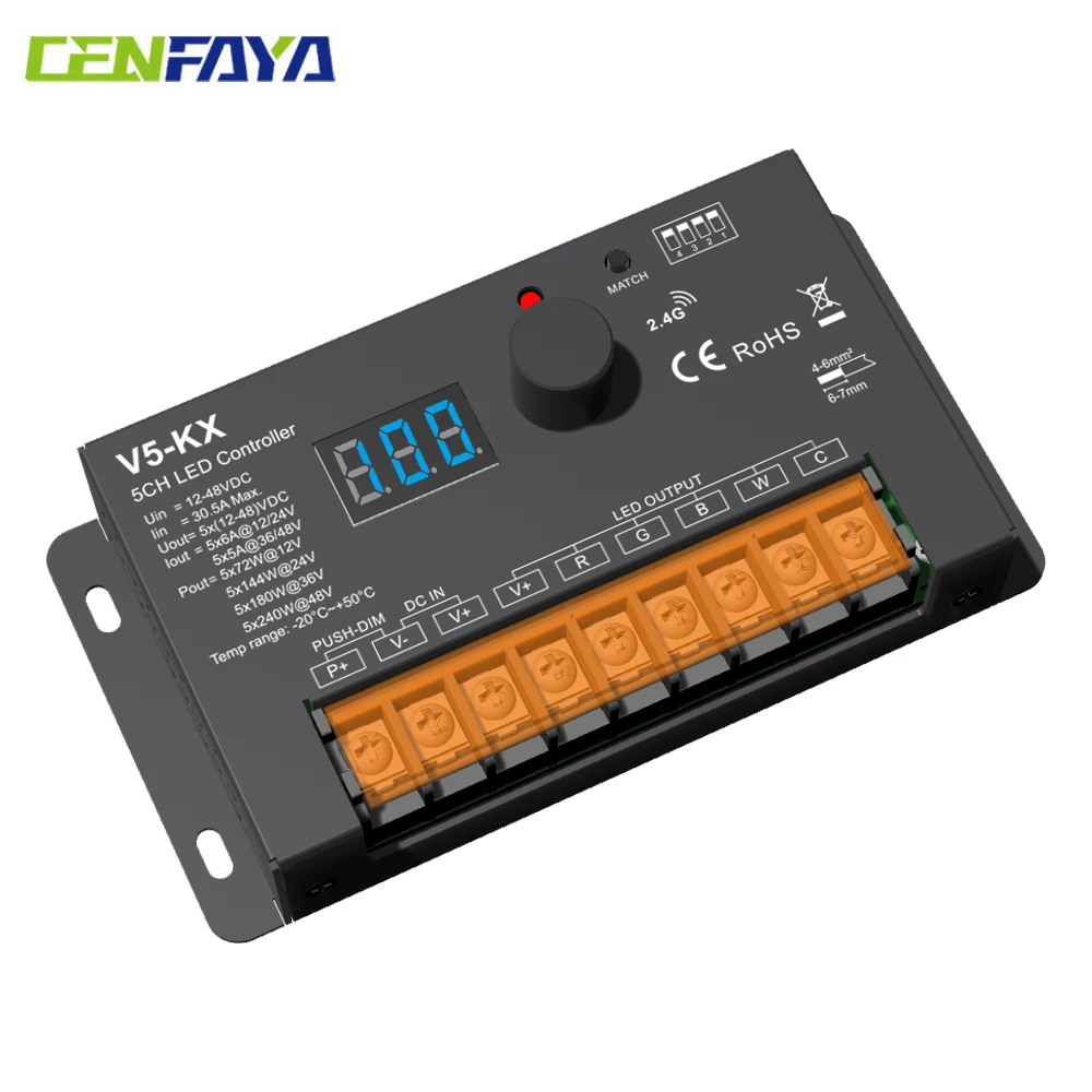 CENFAYA Knob RF Dimmer 5CH LED Controller Digital Display Push Dimming Suitable for Single Color CCT RGB RGBW RGBCCT LED strips