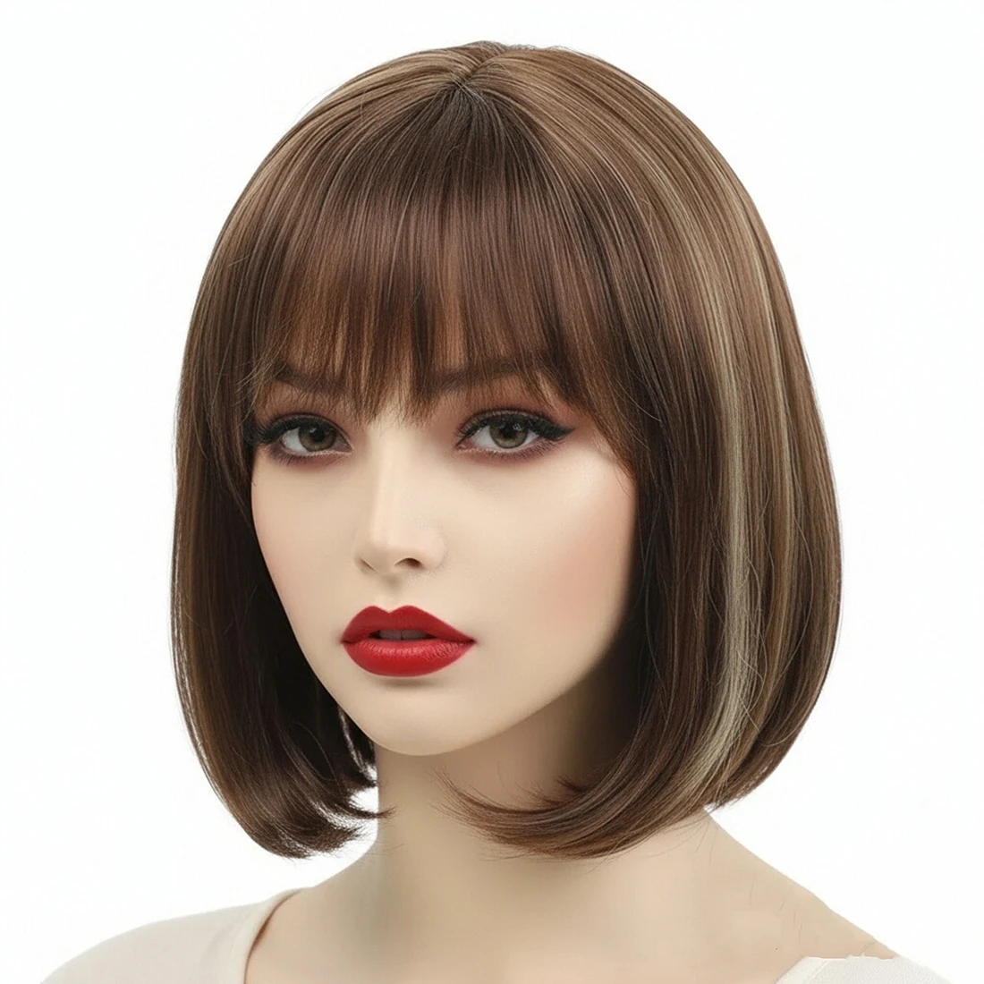 

Short Straight Bob Brown Synthetic Wigs with Bangs for Women Daily Party Realistic Shoulder-length Wig Heat Resistant