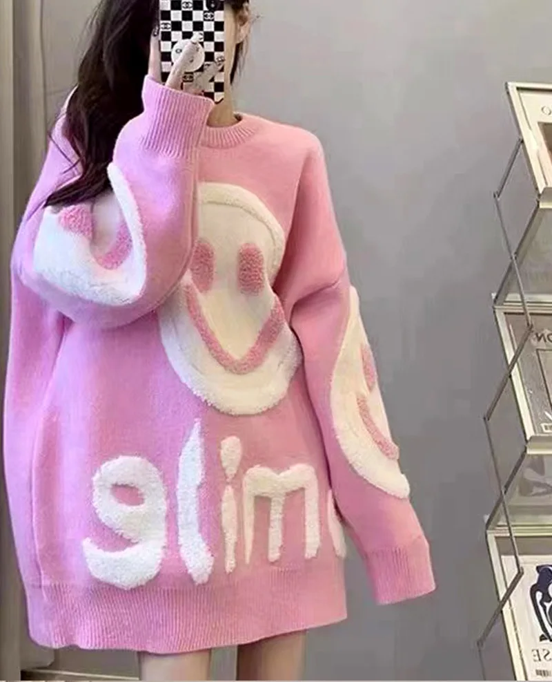 

Женский свитер большого размера, теплый и удобный повседневный пуловер в ленивом стиле, осенне-зимний вязаный топ с длинными рукавами и круглым вырезом