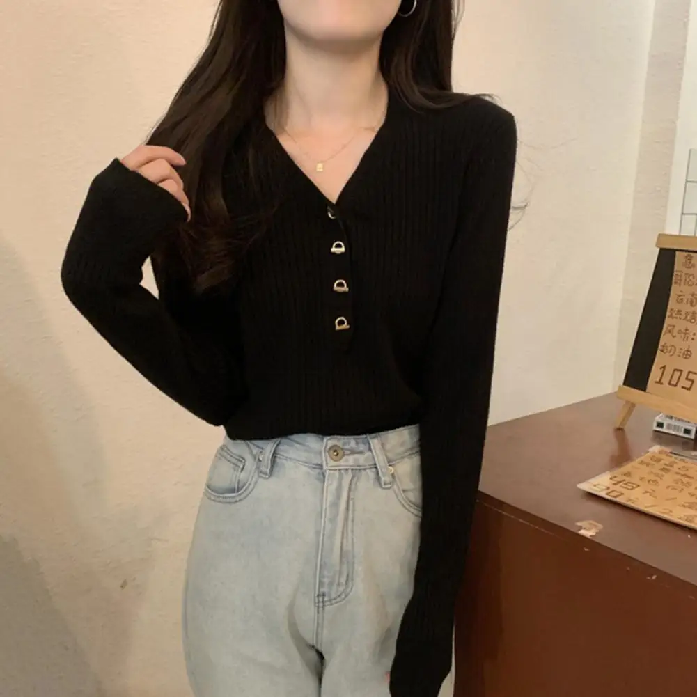 V-neck Knitted Bottoming Shirt Elegant V Neck Knitted Sweater for Women Slim Fit Long Sleeve Fall Blouse Soft Warm for Winter