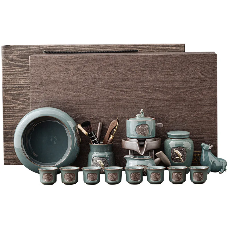 

Китайский ретро Ge печь чайный сервиз для дома и офиса керамический полуавтоматический чайник для ленивого кунг-фу чашка подарочная коробка