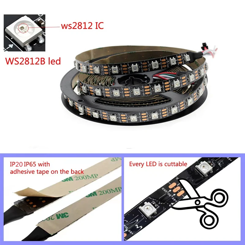 DC 5V RGB WS2812B Led Strip Individually Addressable 1m - 5m 2812 Smart Pixels Waterproof IP30/65/67 Led Light Black White PCB