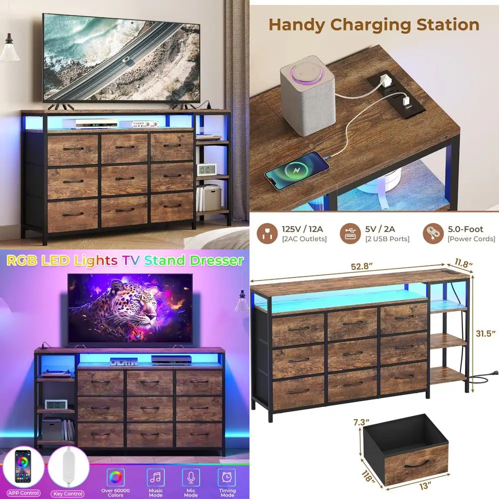 LED-Lit Entertainment Center with 9 Fabric Drawers, Charging Station, and Dresser for Bedroom TV Stand