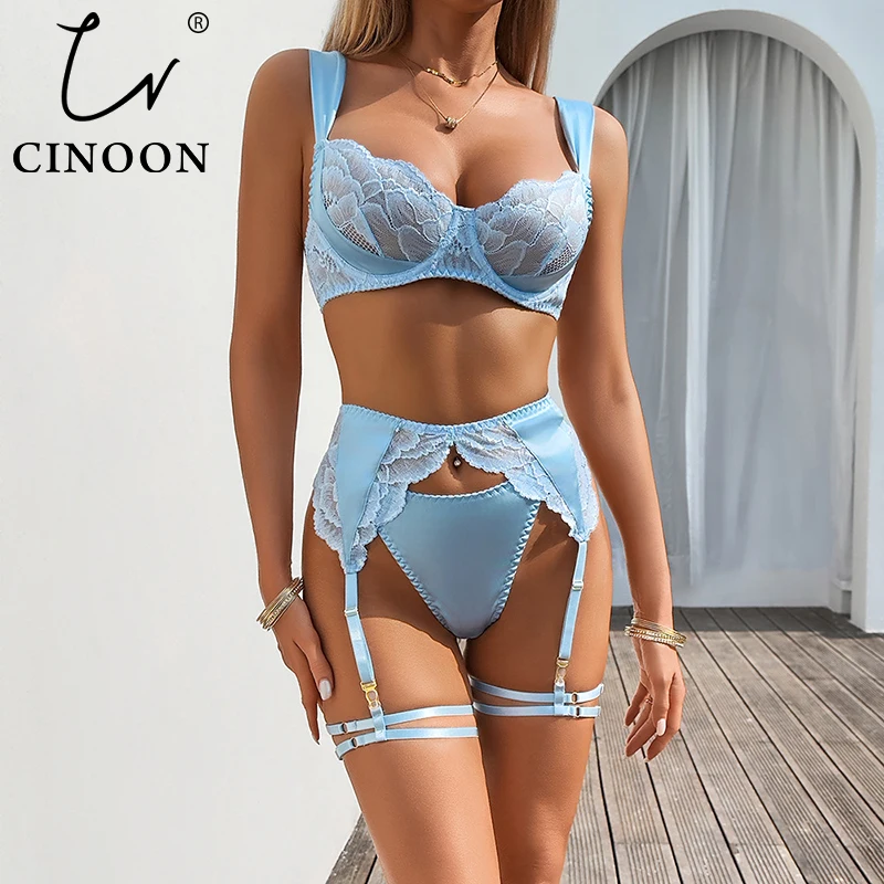 

CINOON Women Sexy Lace Satin Lingerie Set Glamorous Hollow Out Solid Color Romantic Intimate Set Sheer Bra Comfortable Underwear
