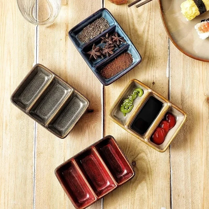 Kiln Changes Ceramic Seasoning Dish Soy Sauce Dish Vinegar Dish Spice Dishes Dipping Dishes Three Grid Plate Kitchen Tableware