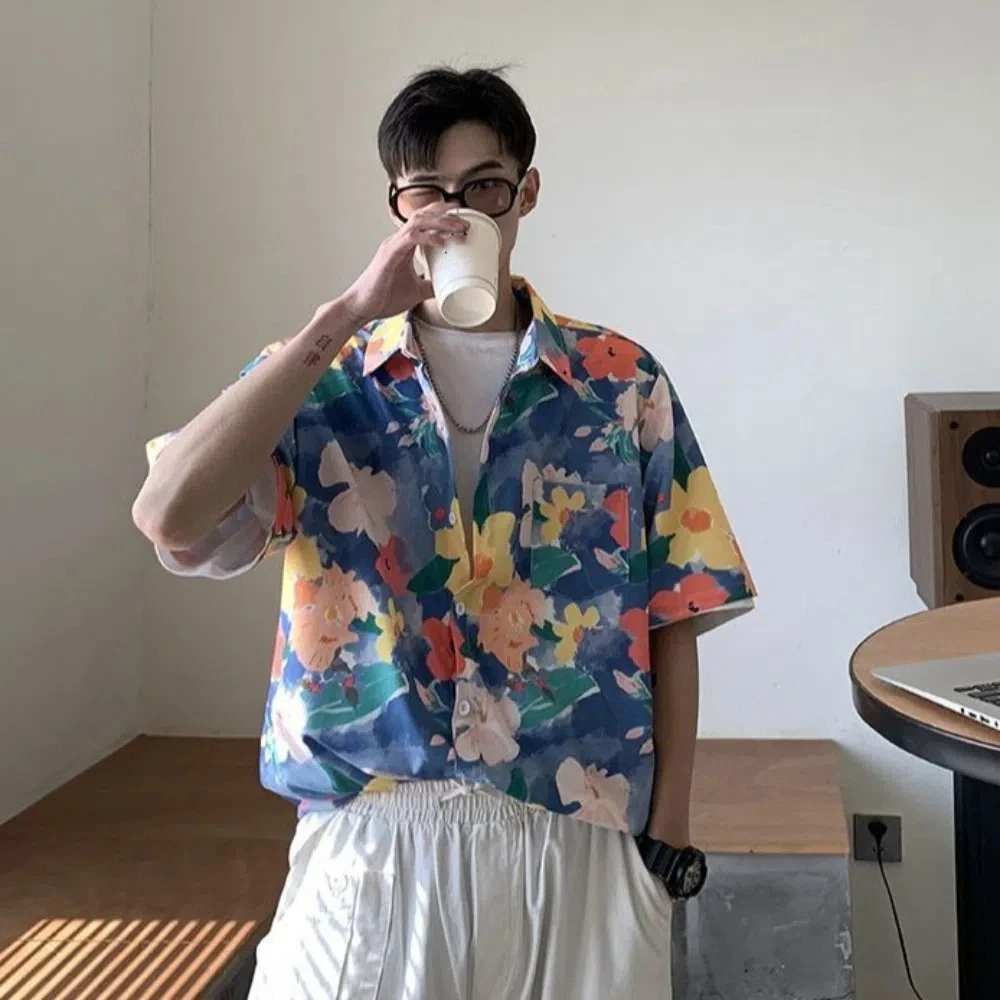 

Loose Couple Clothing T-Shirt Short Sleeve Button Up Beach Flower Blouse V-neck Streetwear Unisex Floral Shirts Vacation