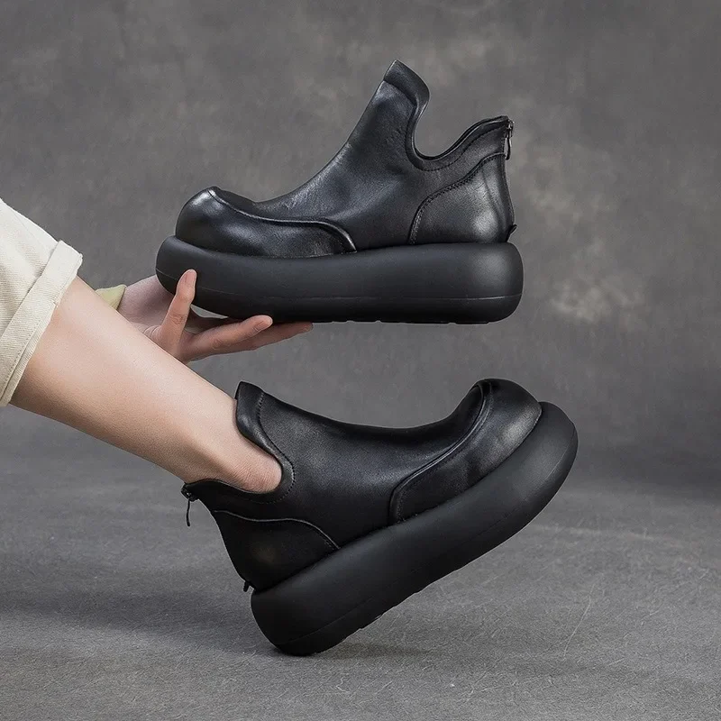 

Birkuir Luxury Round Toe Flat Platform Ankle Boots For Women Back Zip 5.5cm Thick Heel Boots Genuine Leather Elegant Short Boots