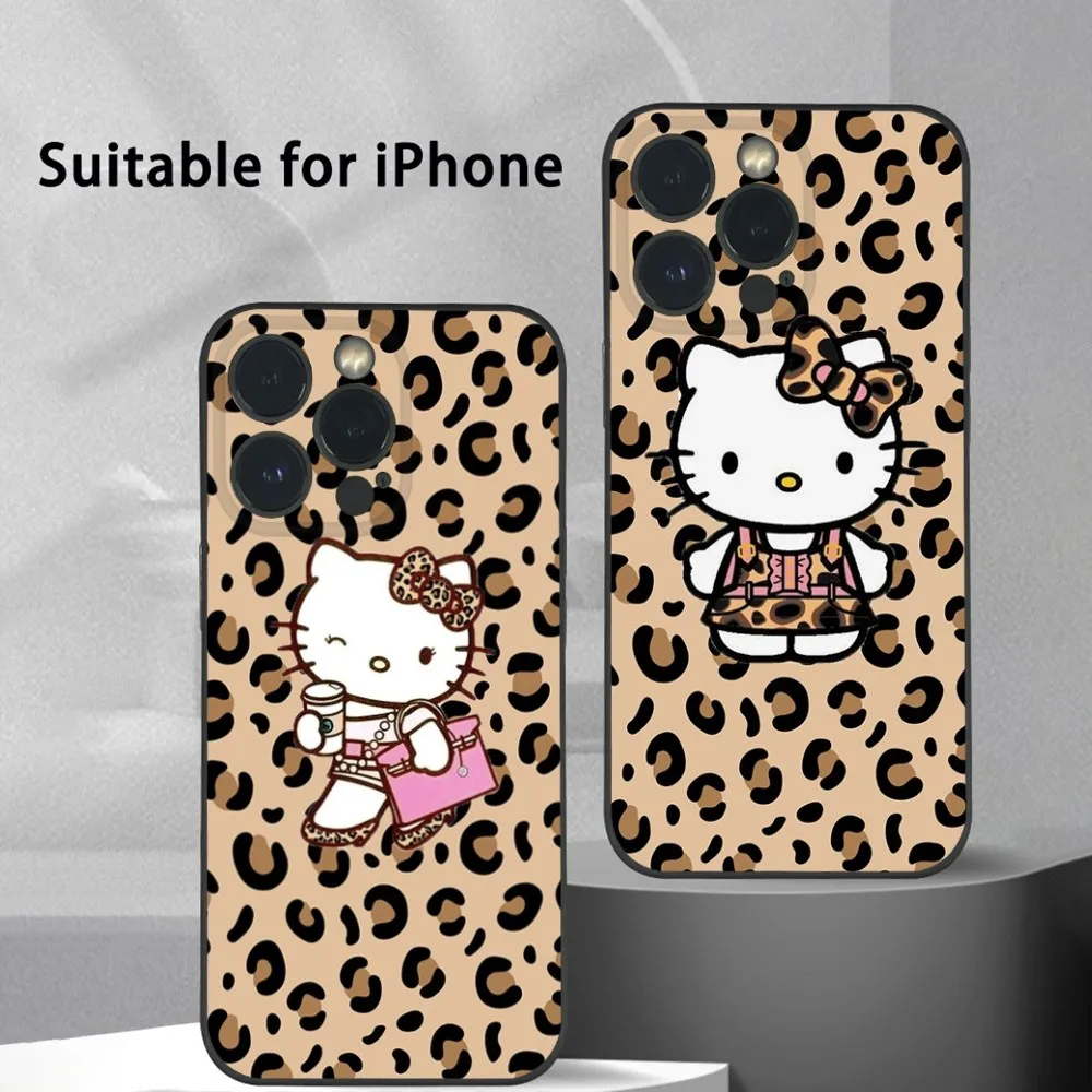 

Hello kitty Leopard Print Phone Case For iPhone 15 14 13 12 11 Pro Xs Max Mini XR X 7 8 Plus Black Frosted Soft Shell Funda